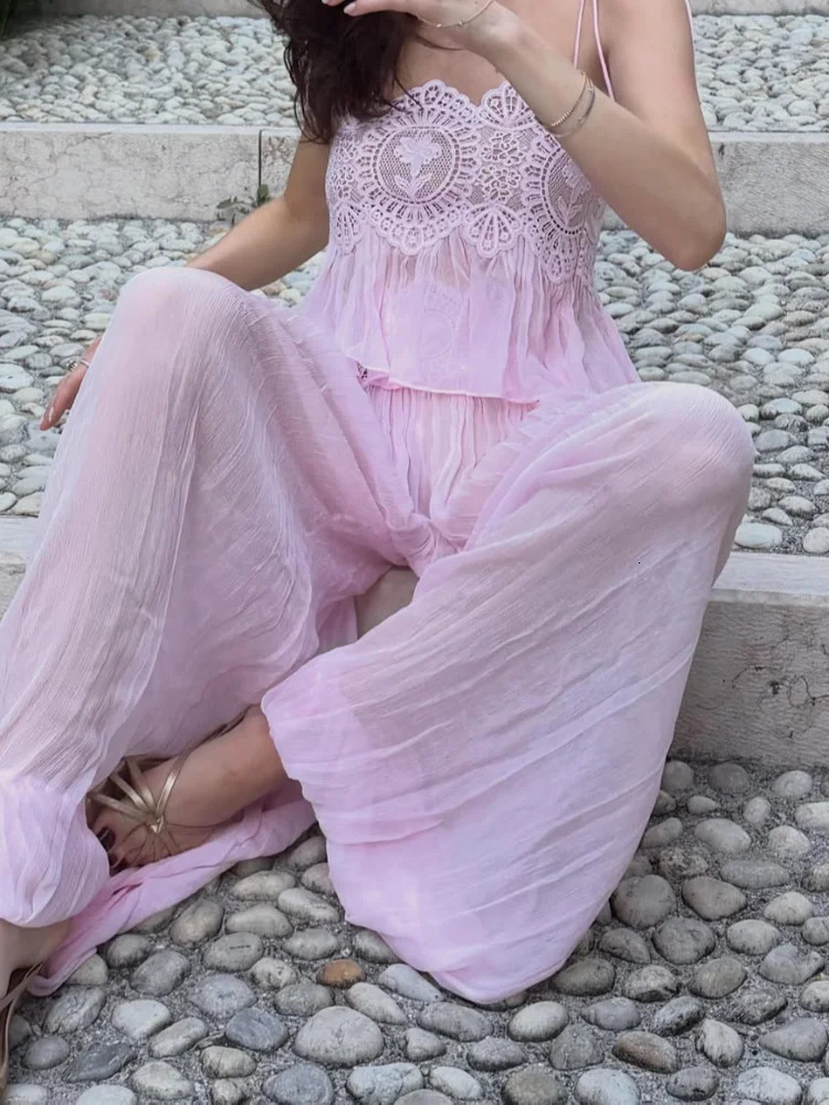 Lace Floral Sheer Mesh Set Women Beach Vacation Patchwork Crop Spaghetti Strap Top Loose Harem Pants Boho Chic Casual Summer Set 261012