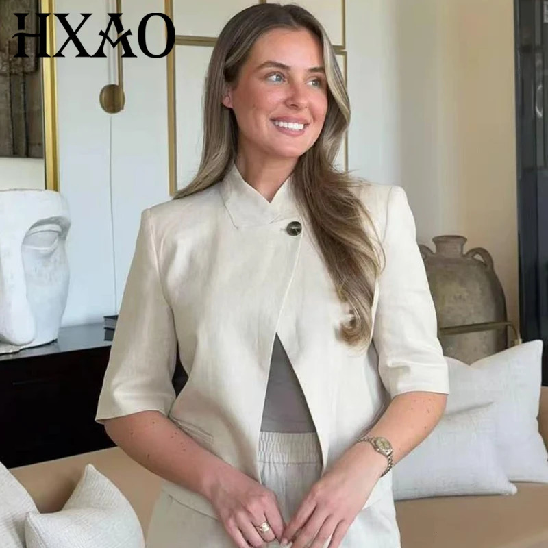 HXAO Women's Linen Crop Khaki Blazer Summer 2026 Asymmetric Button Short Sleeve Fitted Suit Jacket Elegant Office Look Outerwear 261015