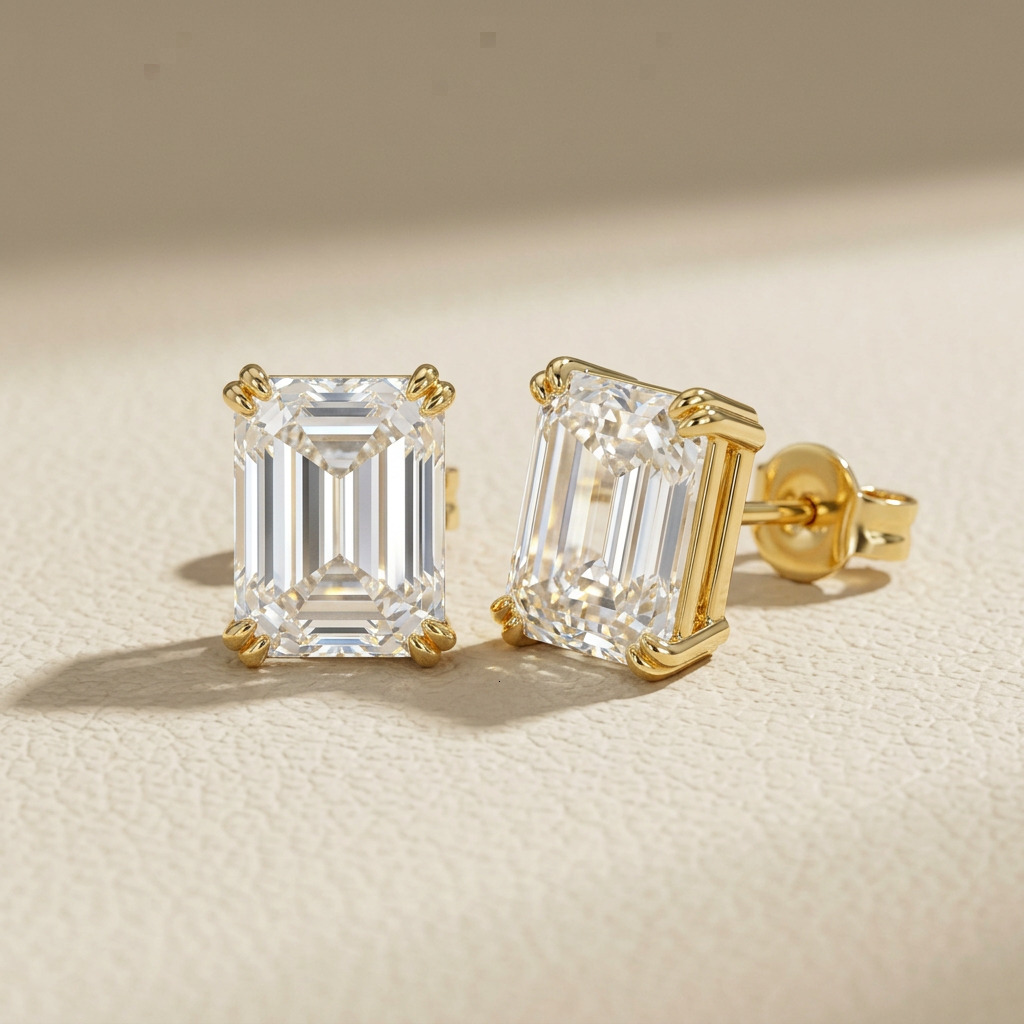 2CTW Emerald Cut Solitaire Stud Earrings Lab Created Diamond 18K Solid Gold IGI Certified CVD/HPHT VVS Ready to Ship Jewelry