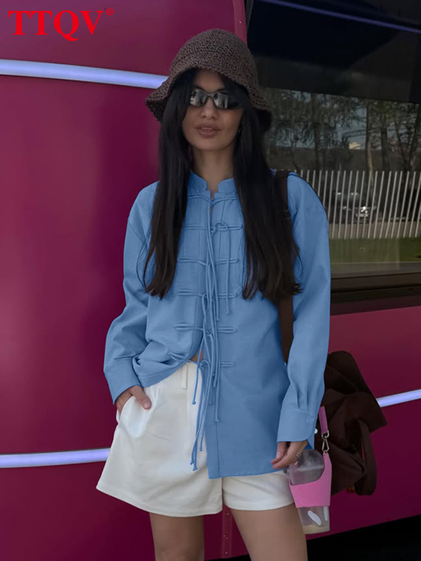 2026 Fashion Loose Blue Cotton Women's Shirt 2027 Casual Stand Collar Long Sleeve Blouse Elegant Classic Lace-Up Top Female