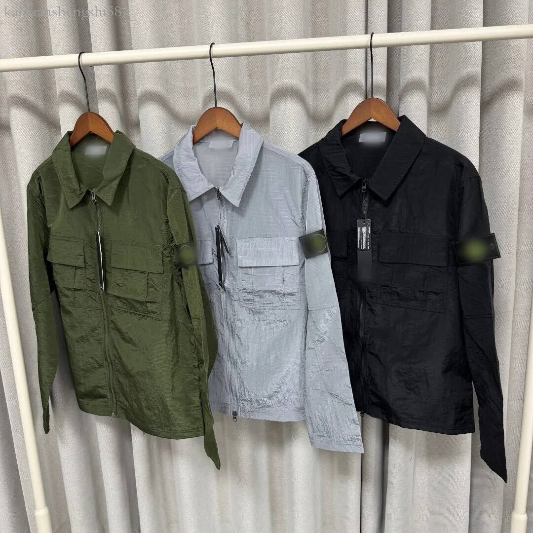 new style stone Mens Nylon Ripstop Overshirt Pull Stone Jacket with Arm Patch Multi Pocket Full Zip Casual Windbreaker topstoney 9e6