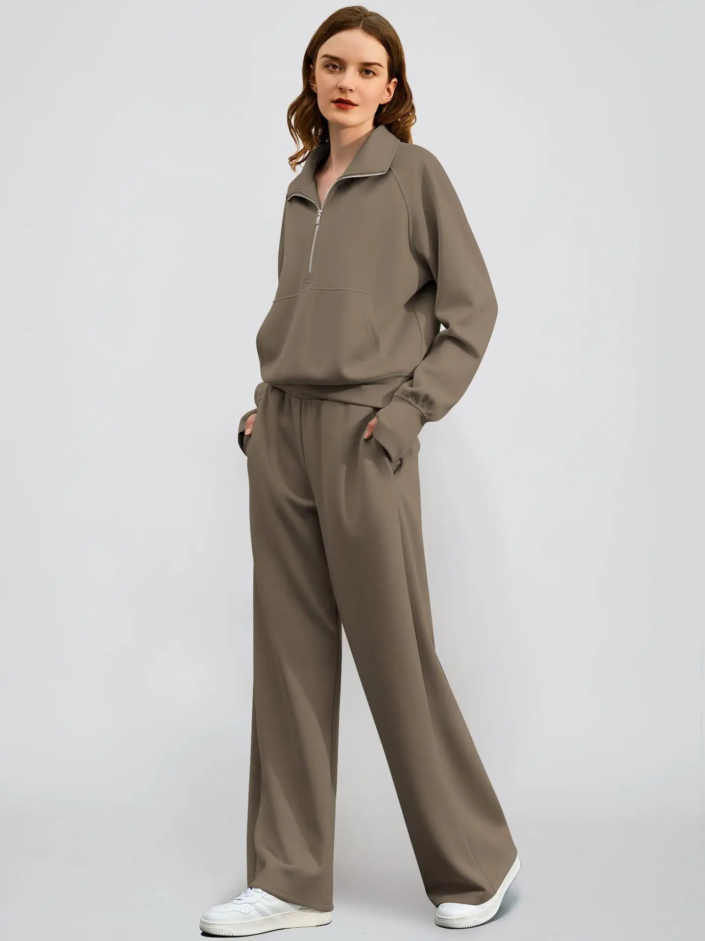 Woman Solid Color Half Zip Long Sleeve Sweatshirt and Wide Leg Pants Set Casual Sporty Two Piece Outfit 261015