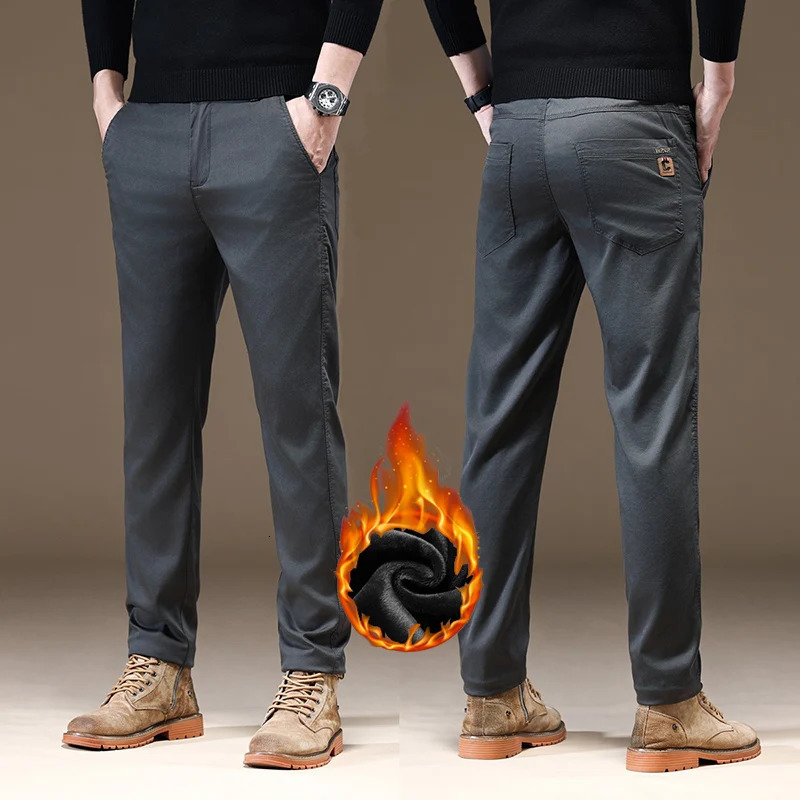 Men Winter Straight Leg Casual Trousers Male Autumn Winter Thermal Business Daily Slim Fit Fashion Black Gray Pants 261016