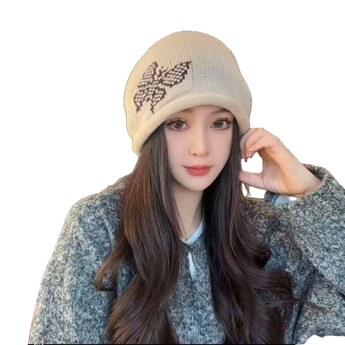 2025 New Style Curled Edge Drawstring Slouchy Hat, Face-Slimming Knitted Autumn-Winter Warm Ear Protection for Women, Cold Weather Beanie Hat