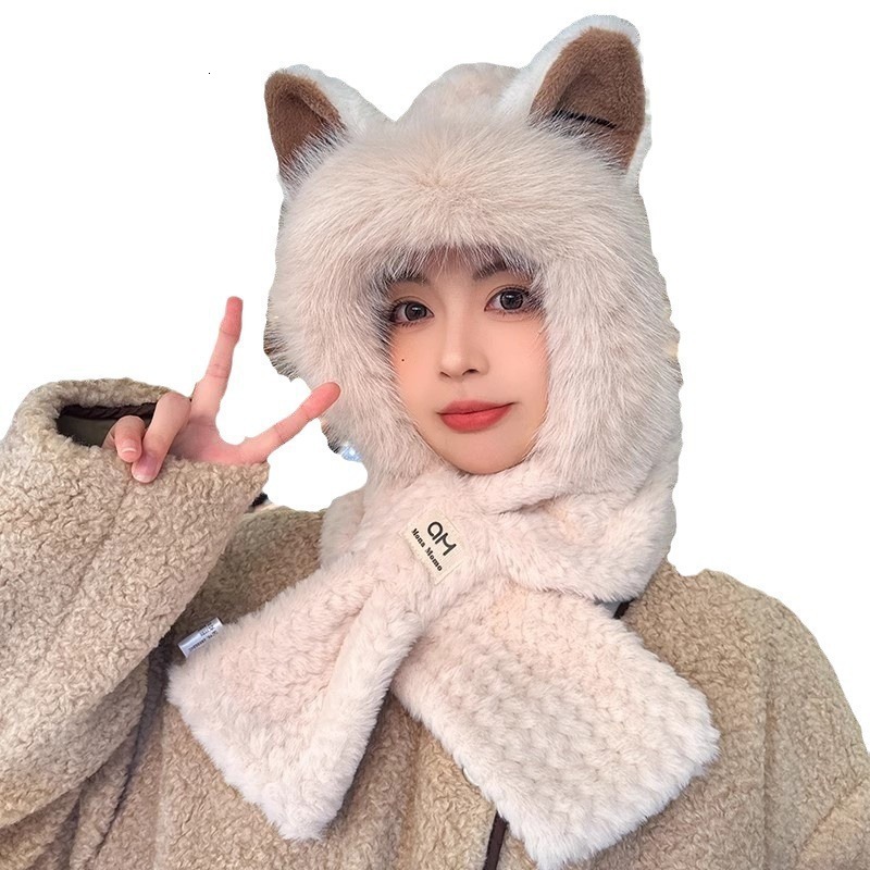 Little Fox Ear Plush Hat and Scarf for Women, Winter Warmth, Fleece-Lined, Thickened, Cold-Proof, Two-Piece Set