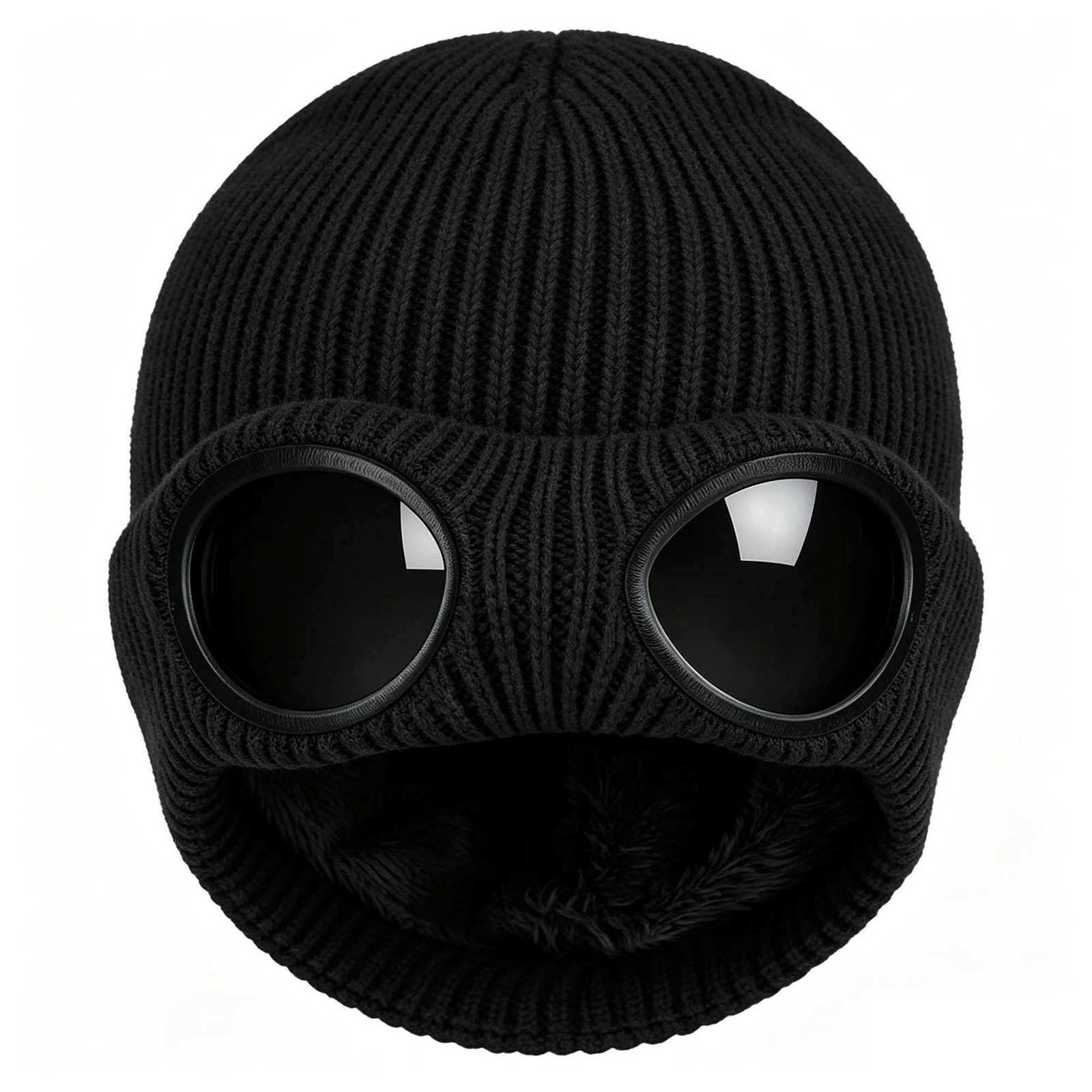Beanie/Skull Caps Knit Beanie Hat with Goggles Windproof Skull Cap for Men Women Fleece Lined Acrylic Warm Winter Hat Less Static Stretch Black Q261