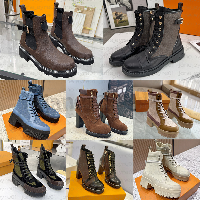 Designer womens Boots Classic Platform High Heels Ankle Boots Autumn Winter Fashion Leather Lace-up Martin Booties Ladies denim Desert black brown b