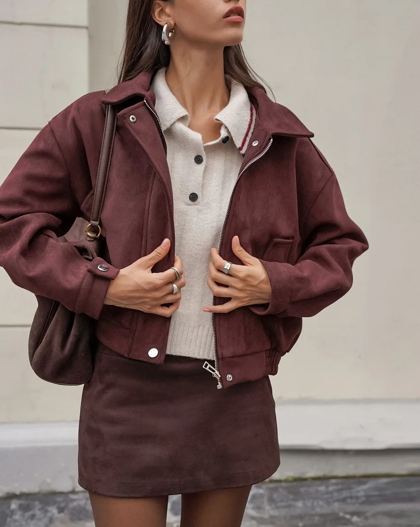 Women's Retro Red Brown Suede Jacket Loose Collar Casual Top for Autumn Winter Fashionable Outerwear 261016