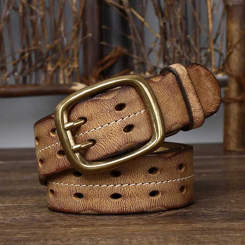 Belt Men's Double - Breasted 3.8cm Wide Heavy Duty Cowhide - Handmade with Double Prong Buckle - Brown Jeans Belt M261016