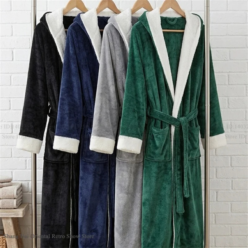 Flannel Hooded Bathrobe Home Clothes Autumn Winter Thicken Mens Long Robe Kimono Gown Loose Casual Coral Fleece Sleepwear 261017