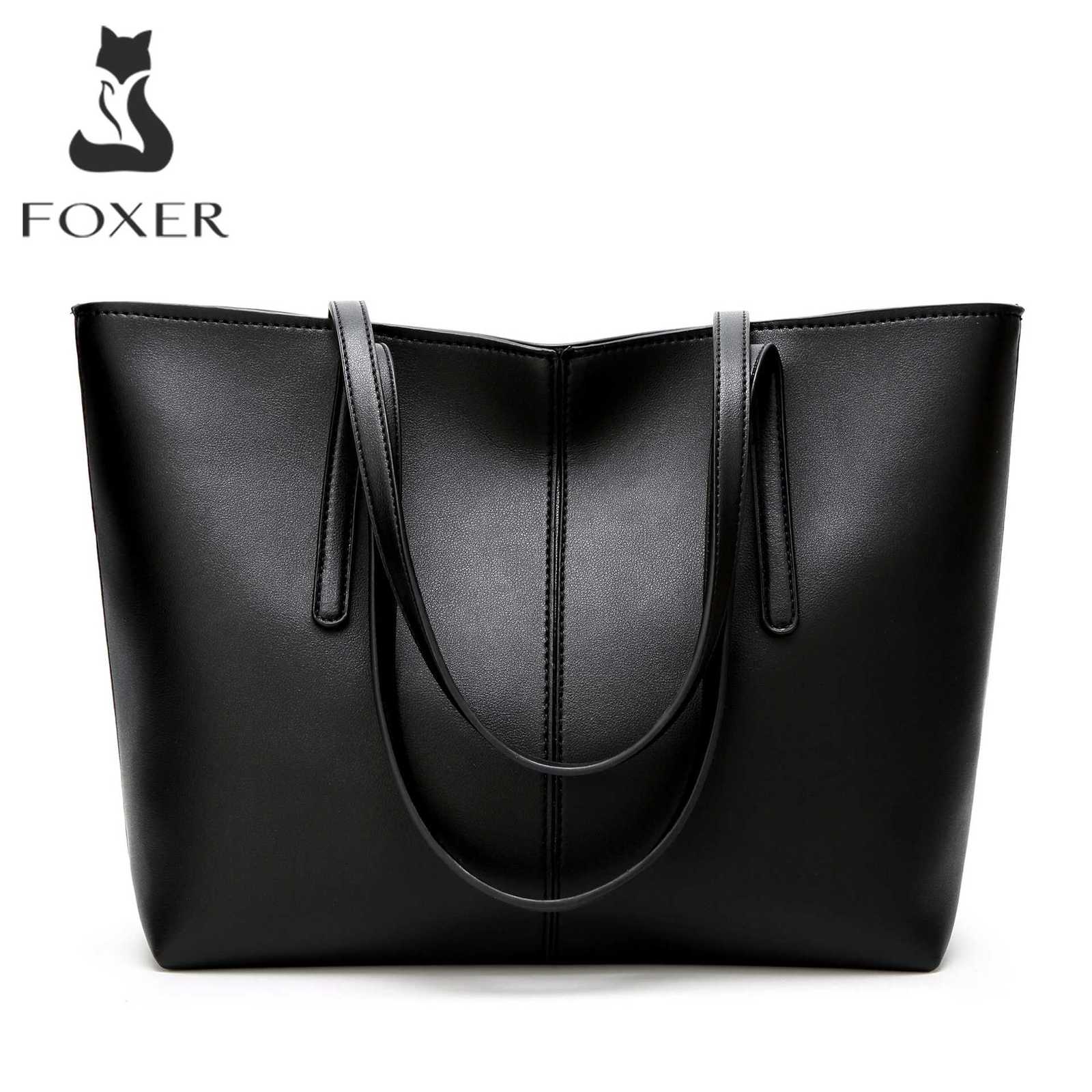 Evening Bags FOXER Split Leather Shoulder Bag for Women Simple Large Capacity Tote Lady Classic Black Handbag Gift for Wife Lover H261016
