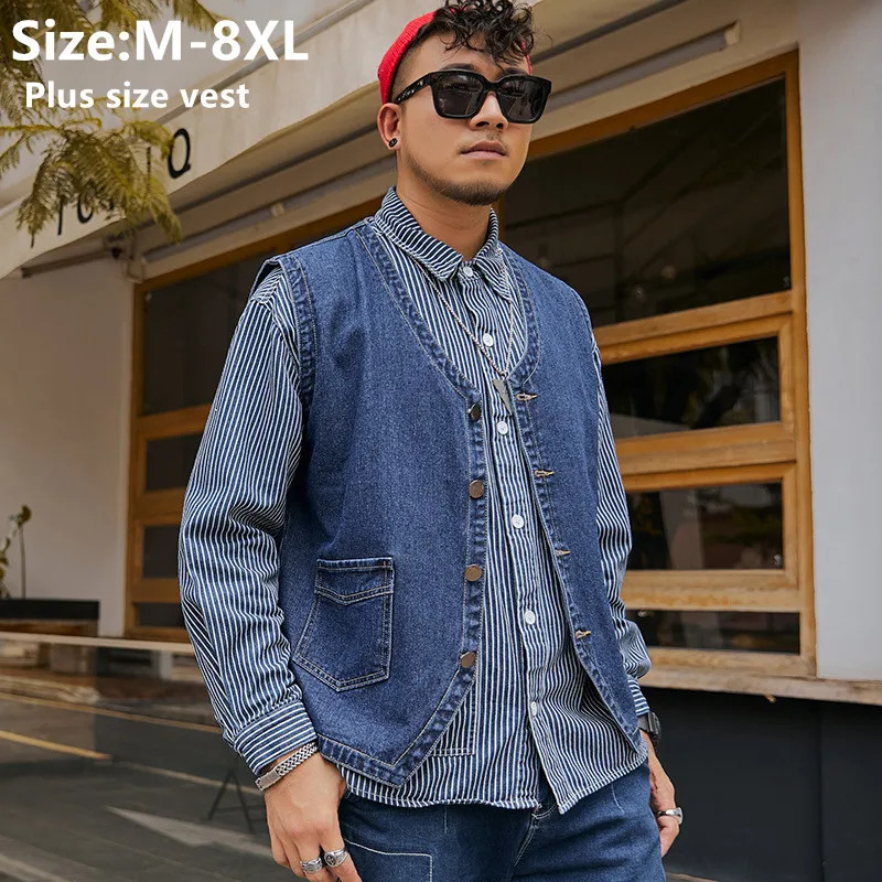 Denim Waistcoat Men Sleeveless Jacket 8XL 7XL Casual Plus Size 6XL 5XL Jean Loose Boys Black Blue Motorcycle Vest Streetwear 261015