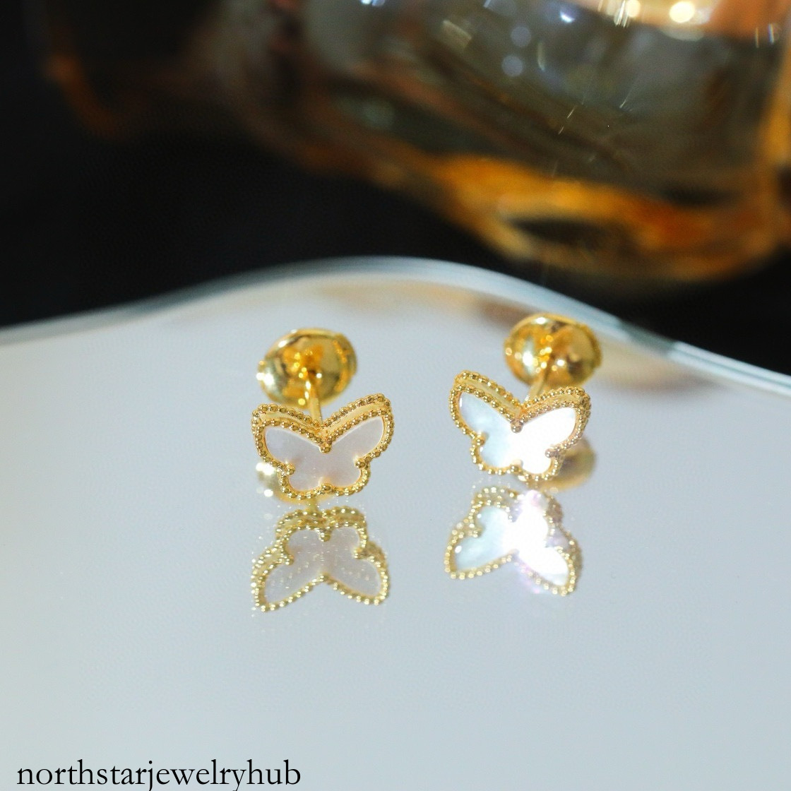Designer Jewelry vanly V gold stud earrings, blue turquoise, four-leaf clover, butterfly, white mother-of-pearl, jewelry