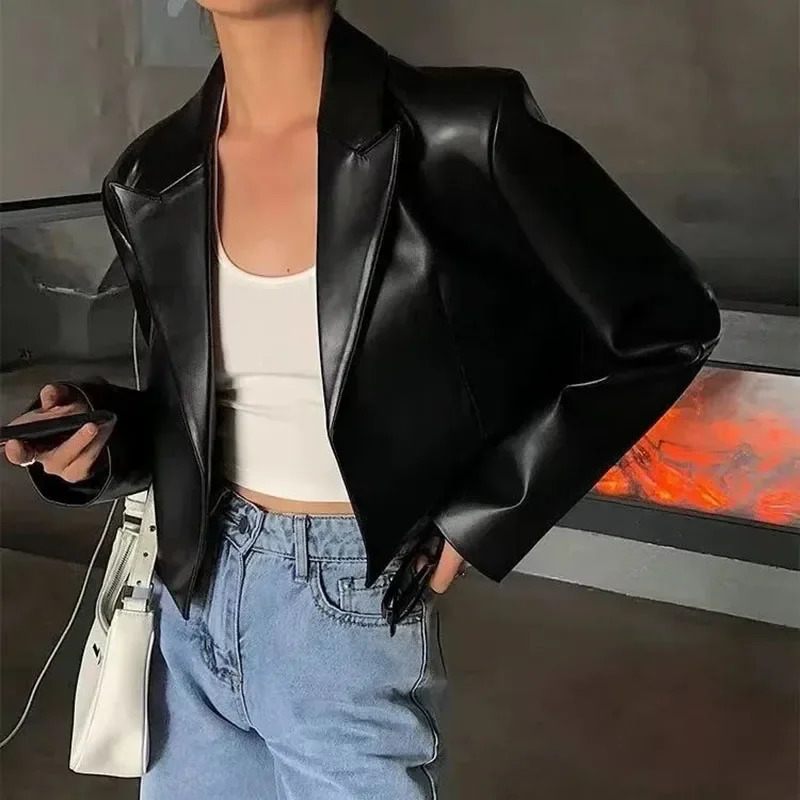 FANAN Women Leather Jacket Vintage American Street Short Lapel Black PU Biker Coats Female Autumn Fashion Crop Tops Coats 261016