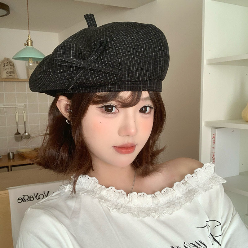 Bowknot plaid beret for women new spring and autumn style versatile faceslimming French retro painter hat Japanese style hat