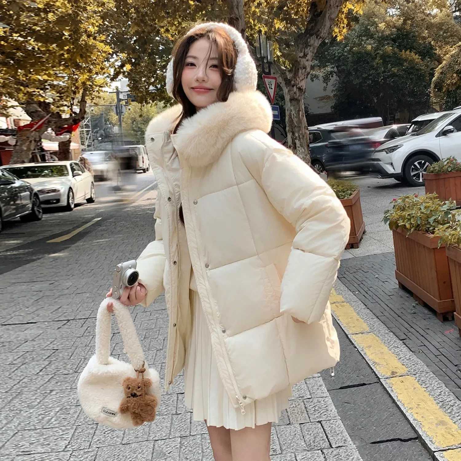 Women's Down Parkas 2026 Women's Fur Hooded Thick Parkas Zipper Button Loose Warm Coats Autumn Winter Casual Solid Jackets Pockets Elegant