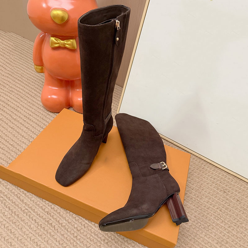 Women Chunky Heels Knee Boots Designer Suede With Zippers Outdoor Leisure Shoes With Dust Bags 26ss Lady Luxury Western Knight Boot Square Toes Casu