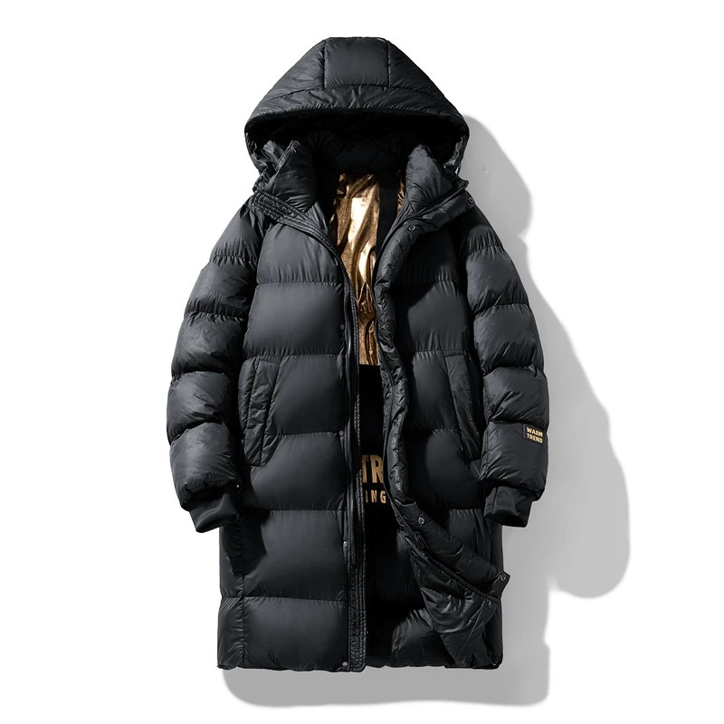 Black Color Men Mid Length Cotton Padded Coat Winter Fashion Hip Hop Streetwear Hong Kong Style Solid Color Hooded Jacket 261015
