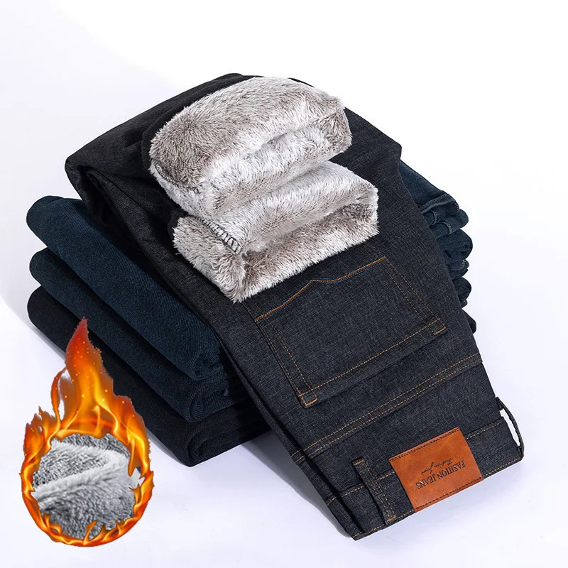 Men Chic Snow Warm Plush Fleece Jeans Male High Quality Loose Straight Leg Trousers Comfortable Daily Commute Fleece Denim Pants 261016