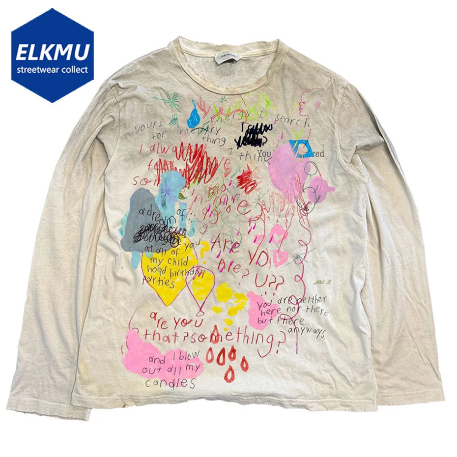 Vintage Oversized Graphic T Shirts Graffiti Printed Retro Loose Long Sleeve T-shirts Streetwear Harajuku Tshirts Tee Tops 261013