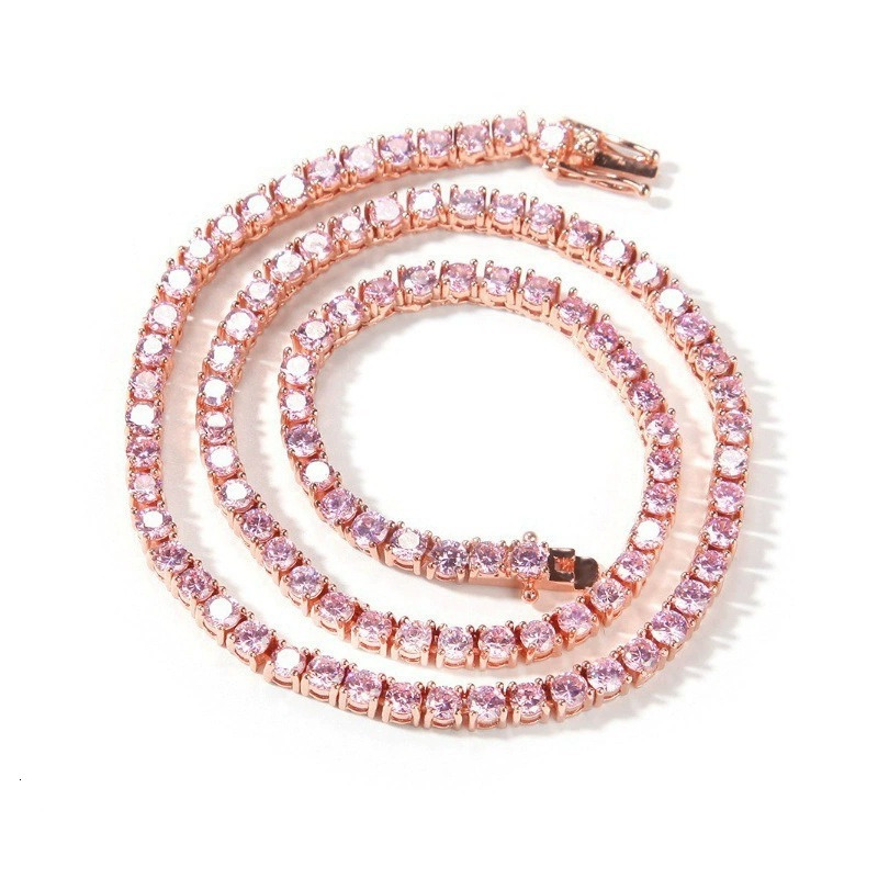 4MM Luxury Full Stone Pink Moissanite Tennis Necklace, Round Brilliant Cut VVS Moissanite, 925 Sterling Silver Rose Gold Plated Hip Hop Fine Jewelry
