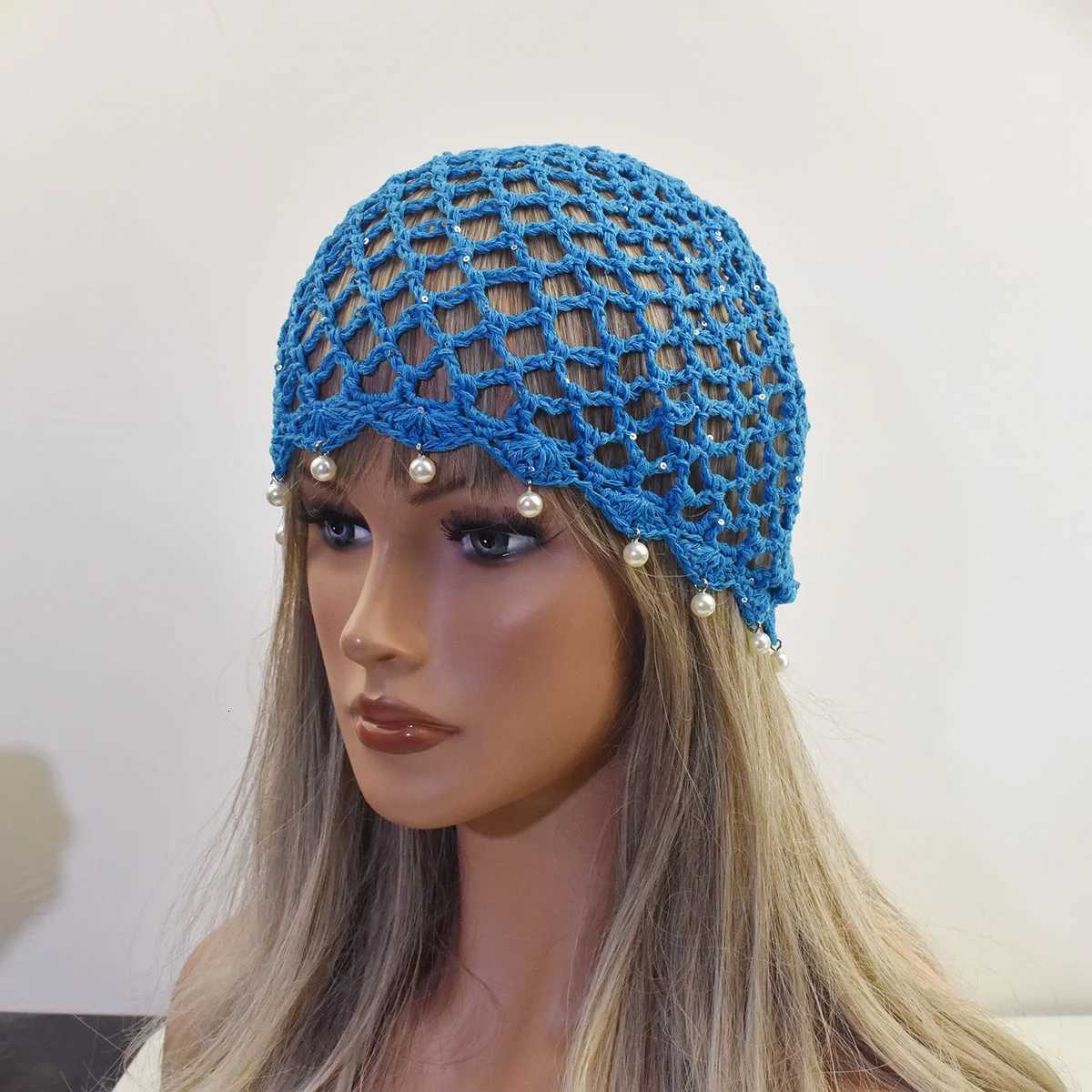 Beanie/Skull Caps 2026 New Women Spring Summer Beanies Flower Hollow Mesh Knitted Hat Beanies Breathable woven artist bead pearl decorative Cap Q261