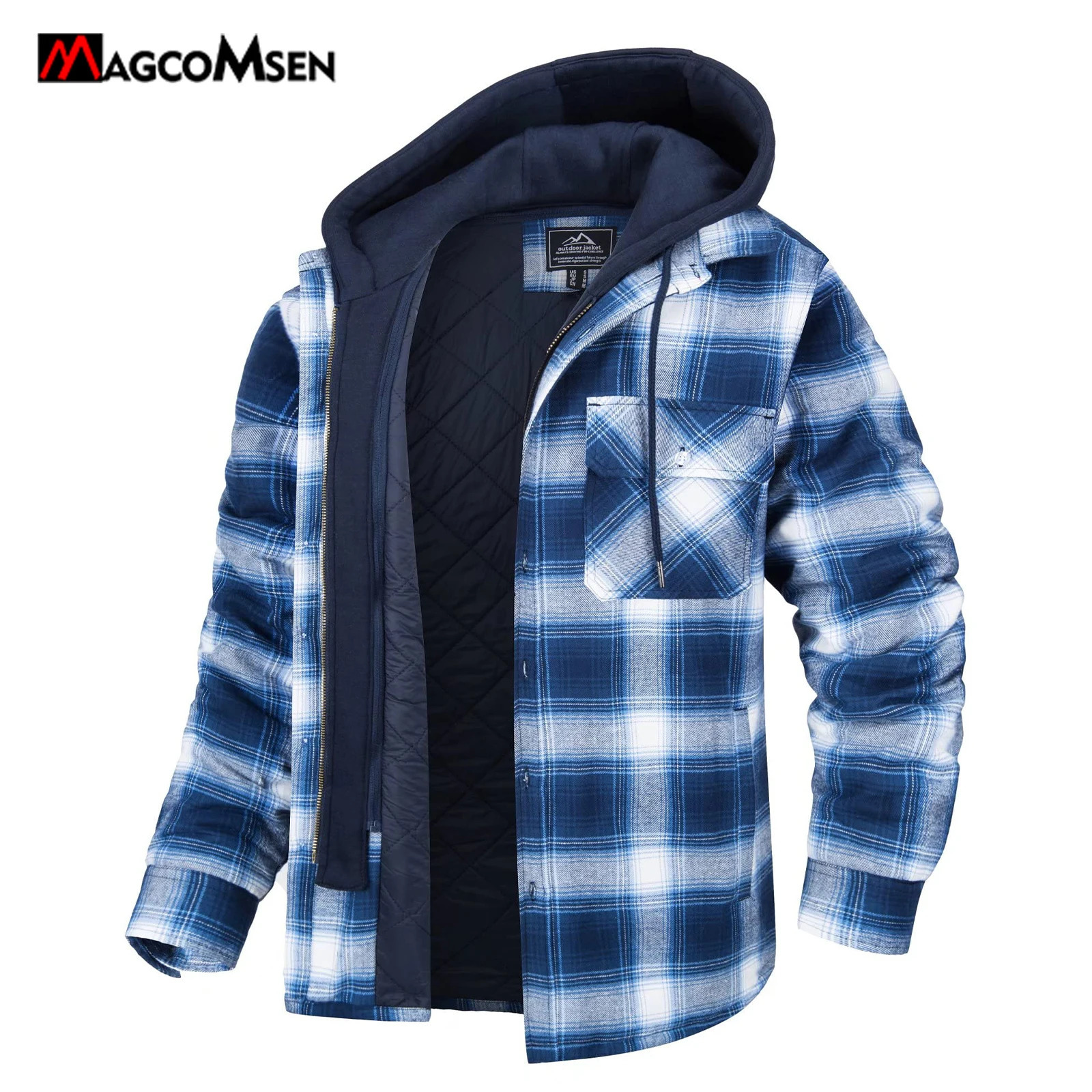 MAGCOMSEN Mens Flannel Jacket with Removable Hood 5 Pockets Plaid Quilted Lined Winter Coats Thick Hoodie Outwear Fleece 261016