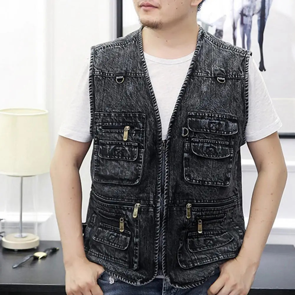 Men Spring Autumn Vest Coat Solid Color V Neck Sleeveless Multiple Pockets Denim Vest Loose Zippers Men Waistcoat For Outerwear 261015