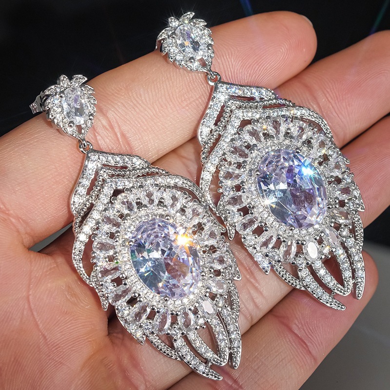 Huitan Source Factory Luxury Heavy-Duty Full-Diamond Cubic Zirconia Earrings, Oval-Cut Evening-Style Long Bridal Earrings