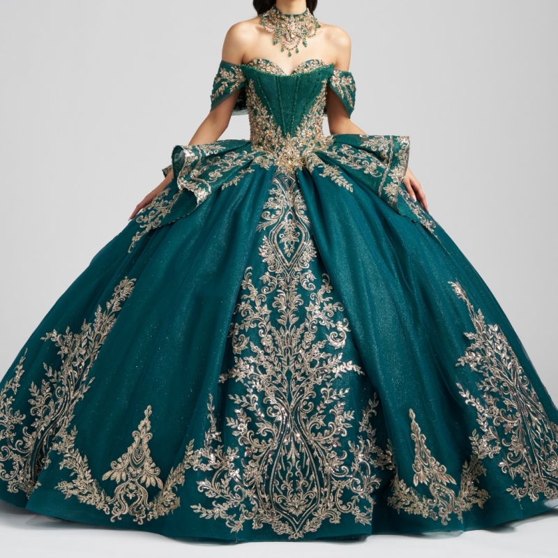 Dark Green Glitter Quinceanera Dresses Off Shoulder Ball Gown Sweet 16 Dress Applique Lace Beads Tull Party Birthday vestidos 15 de anos