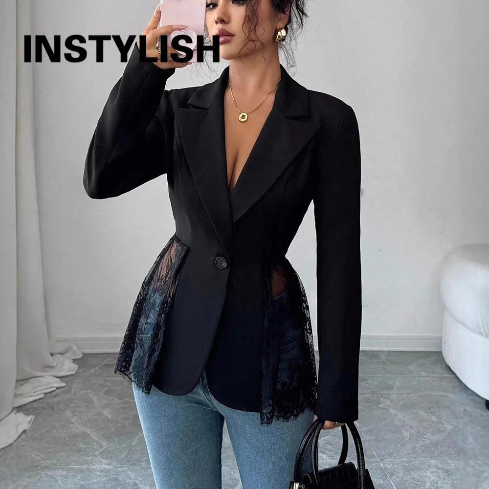 Women Lace Blazer Jacket Notched Lapel Single Button Long Sleeve Slim Fit Hollow Out Patchwork Suit Coat Office Lady Outerwear 261015