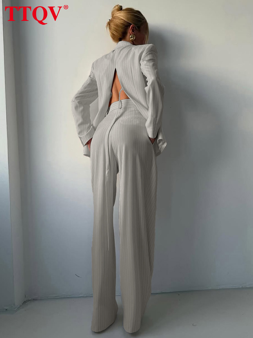 Fashion Loose Dark Blue Stripe Women's 2-Piece Sets 2026 Elegant Long Sleeve Blazer With High Waist Wide Pants Set Female