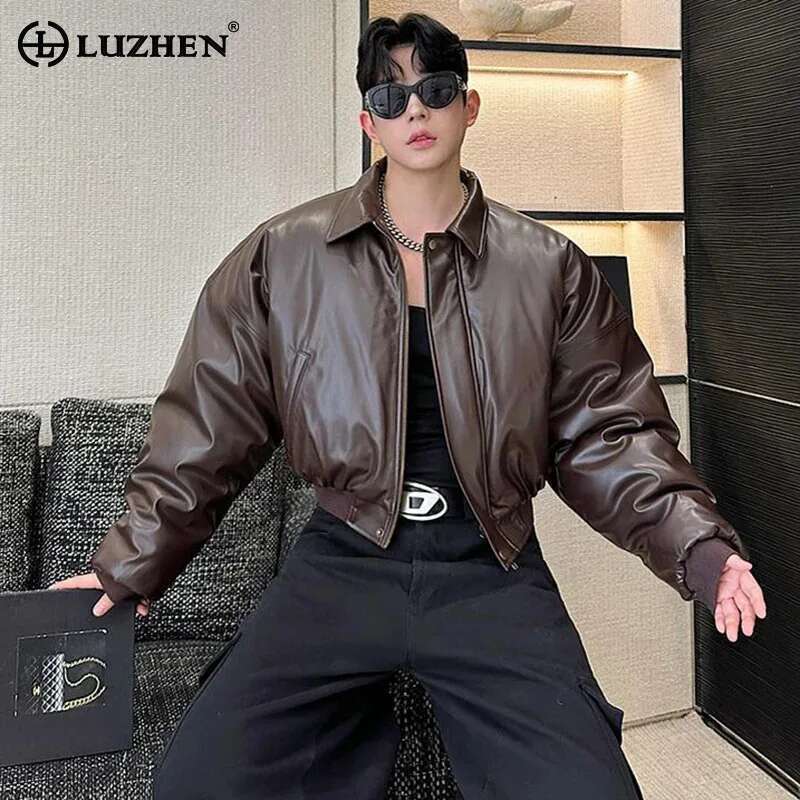 LUZHEN 2024 Winter New Elegant Thicken Warm PU Bread Padded Coat Men's Fashion Original Casual Short Parka Jacket Clothes