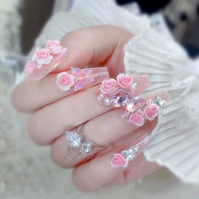 False Nails 24pcs Gentle False Nails 3D Pink Flower Metal Bowknots Press On Nails Medium-lenghth Wearable Korean Style Fake Nail Tips Art Q261017
