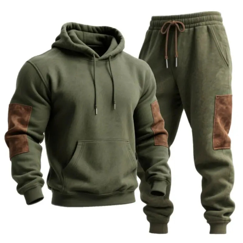 Mens Vintage Army Green Stitching Brown Suede Pocket Hoodie and Sweatpants Jogger Set 261017
