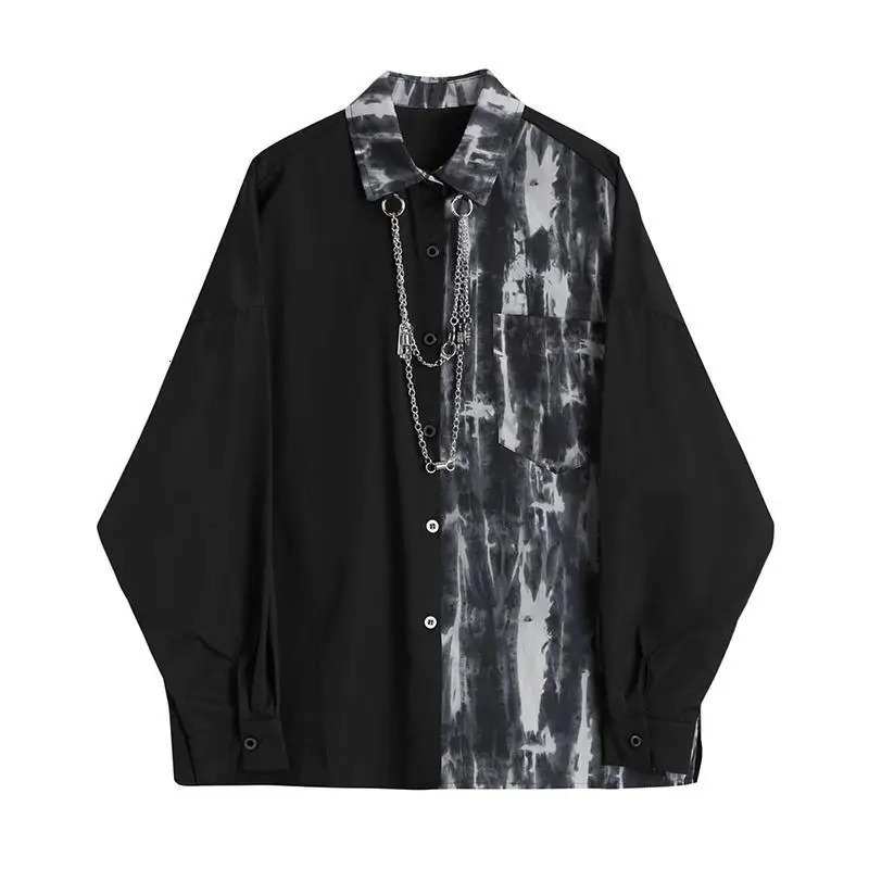 Spring Autumn Fashion Turn-down Collar Long Sleeve Tie Dye Blouse Men's Clothing Patchwork Chain Button Korean Trend Shirts 261015