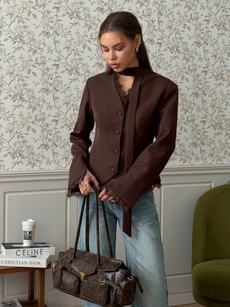 Elegant Lace Patchwork Blazer With Scarf Women Chic V-neck Single Breasted Short Coat Jacket Autumn Winter Women Outwear 261016