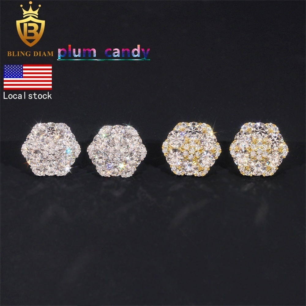 High Quality Moissanite 925 Sterling Silver Hip Hop Stud Flower Earrings Iced Out Diamond Men's and Women Earrings