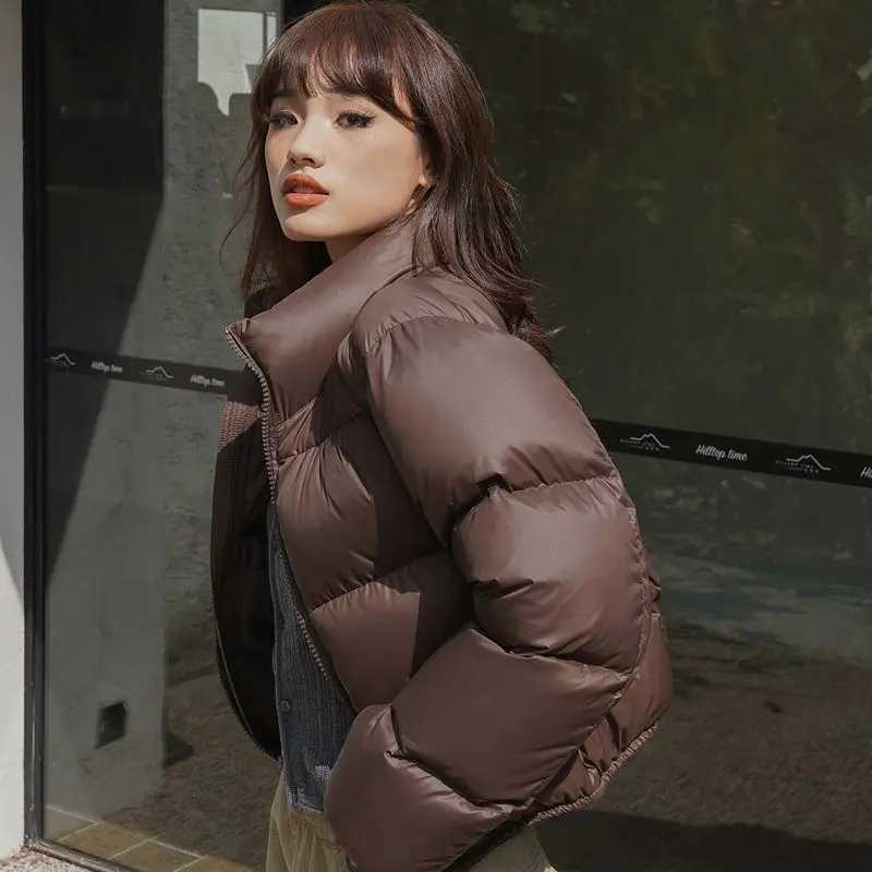 Women's Down Parkas Winter 2025 Women's Short Loose down Cotton Jacket Fashion Bread Style Coat Small Size Straight Tube Long Sleeve Zippe