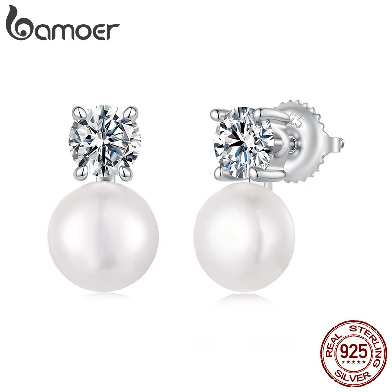 925 Sterling Silver Freshwater Pearl Stud Earrings VVS1 Lab Created Diamond Wedding Earring Elegant Women Gift 261008