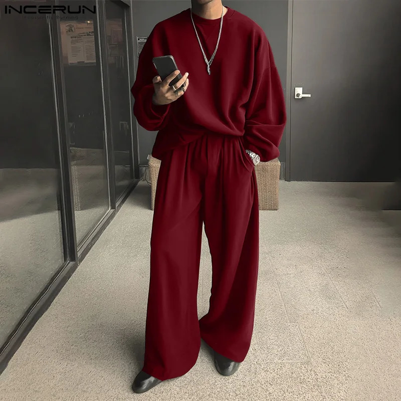 INCERUN Men Sets Solid Color O-neck Long Sleeve T Shirt Pants Two Pieces Sets Streetwear Oversize Fashion Casual Men's Suits 261013