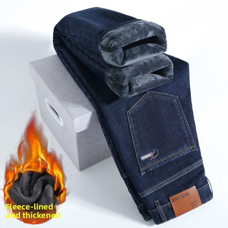 Winter Men's Velvet Nostalgic Straight Jeans High Quality Thickened Warm Fleece Denim Pants Male Loose Trousers 261016