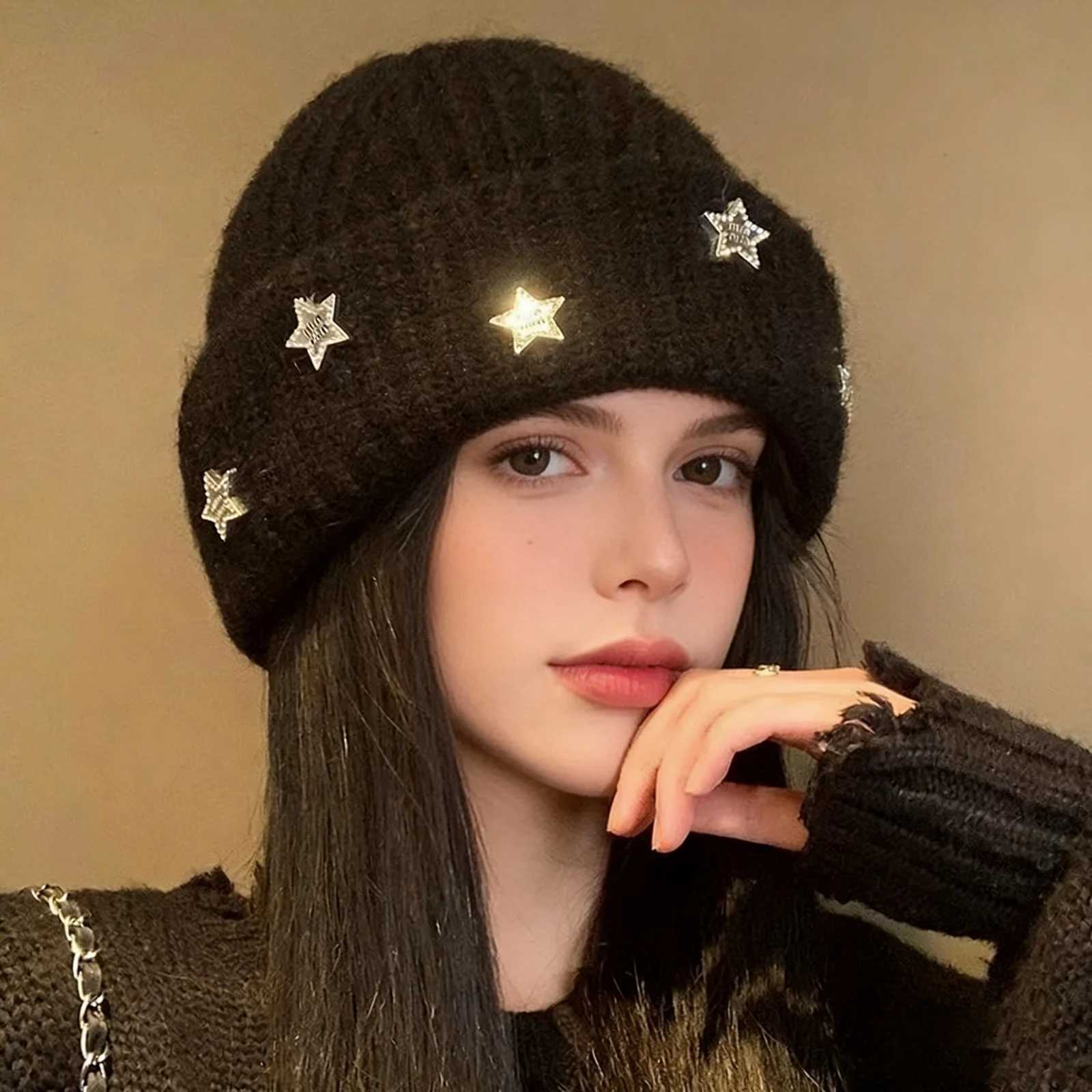 Beanie/Skull Caps 1PC Black Knit Beanie With Star Decor Sparkly Rhinestone Winter Hat Soft Warm Women's Headwear Stylish Fashion Cold Weather C