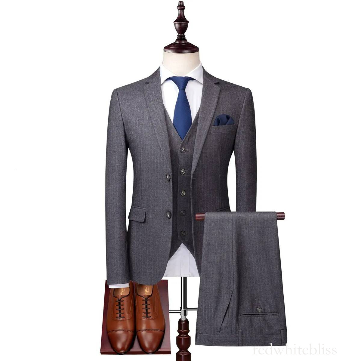 Grey Mens Pinstripe Suits British Style Slim Notch Lapel Groom Party Tuxedo Wedding Tuxedos Formal Prom Suit (Jacket+Pants+Vest)