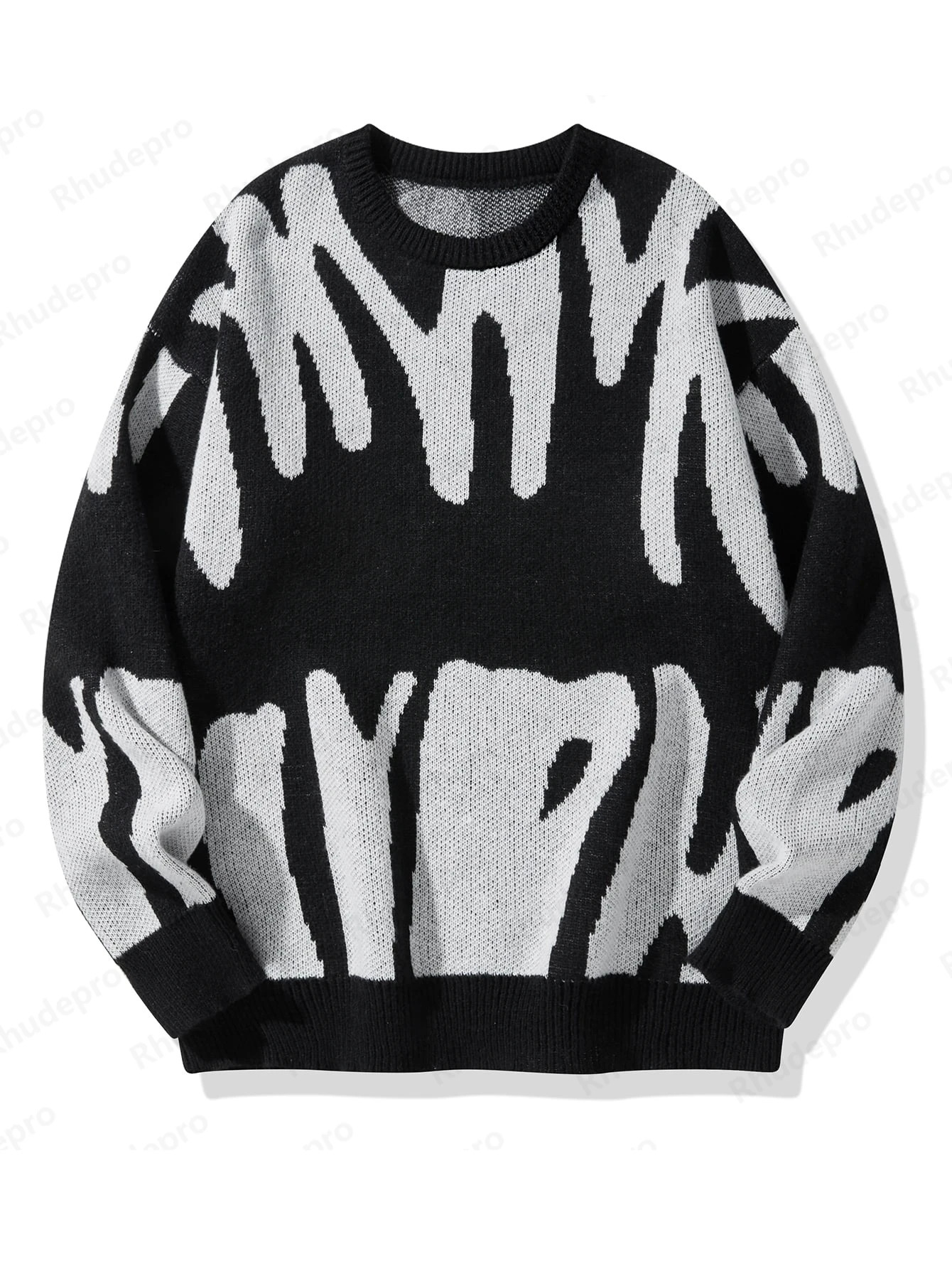 Autumn Winter Irregular Jacquard Pattern Pullover Sweater Casual Round Neck Contrast Color Knitted Mens 261017