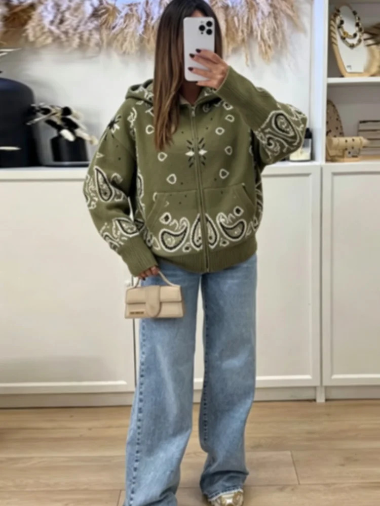 Street Printed Womens Cardigan Knitted Full Sleeve Zippers Stand Collar Pocket Lady Coats 2026 Autumn Chic Female Street Wear 261016