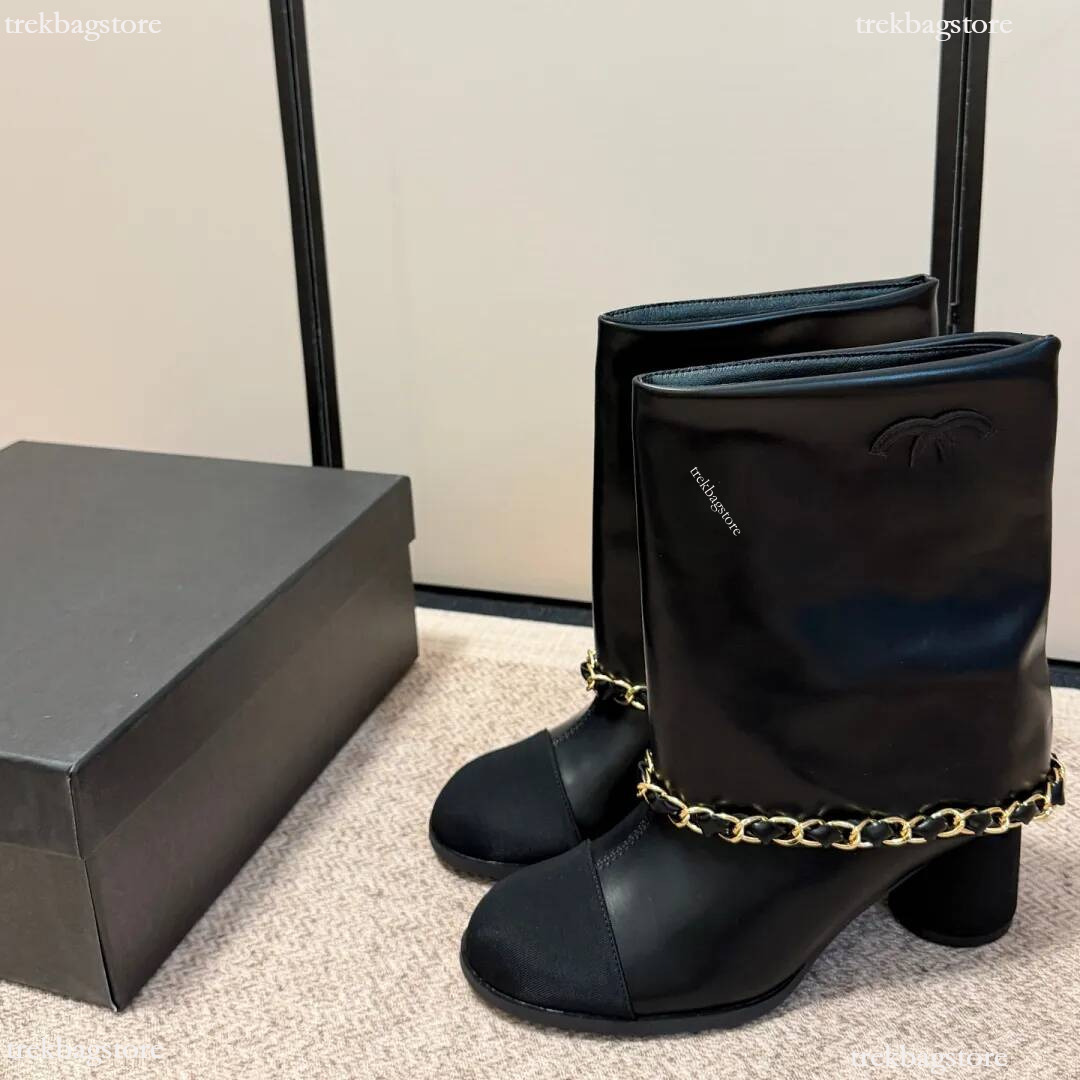 cc shoes designer boots Women Two Tone Mid Boots Gold Chain Decor Round Toe Block Heel Slip On Leather Boots Fashion Color Splicing Fold Shaft Booti