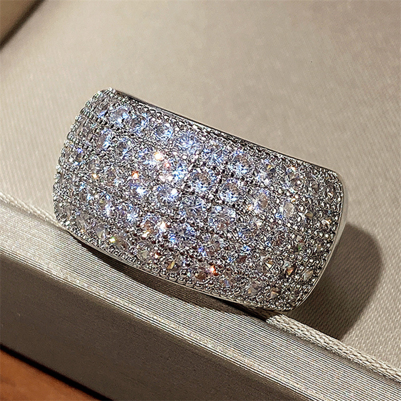 Huitan Amazon Cross-Border White Gold Plated Ring, Super Sparkling Full Diamond Half-Circle Zircon Women's Ring Wholesale Accessories