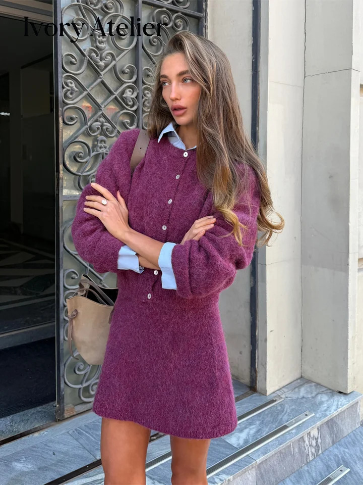 Elegant Solid Knit Skirt Set Women O-neck Long Sleeve Single-breasted Cardigan Mini Skirts Suit 2026 Autumn Lady Street Outfit 261015