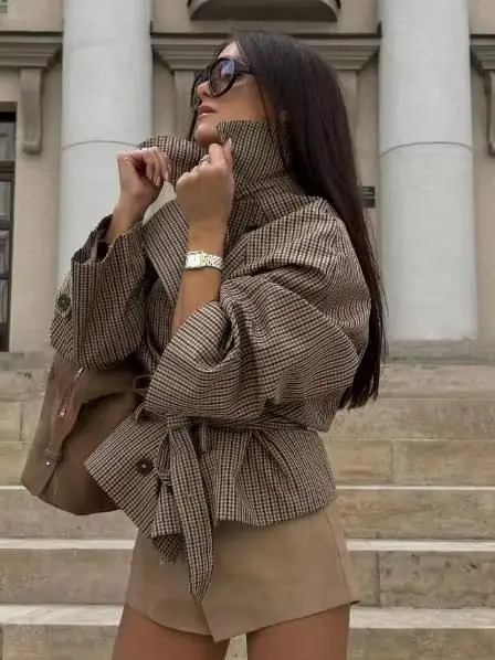 Women Casual Plaid Cropped Trench Coat Lapel Double Breasted Belted Waist Loose Long Sleeve Checkered Jacket Autumn Windbreaker 261015